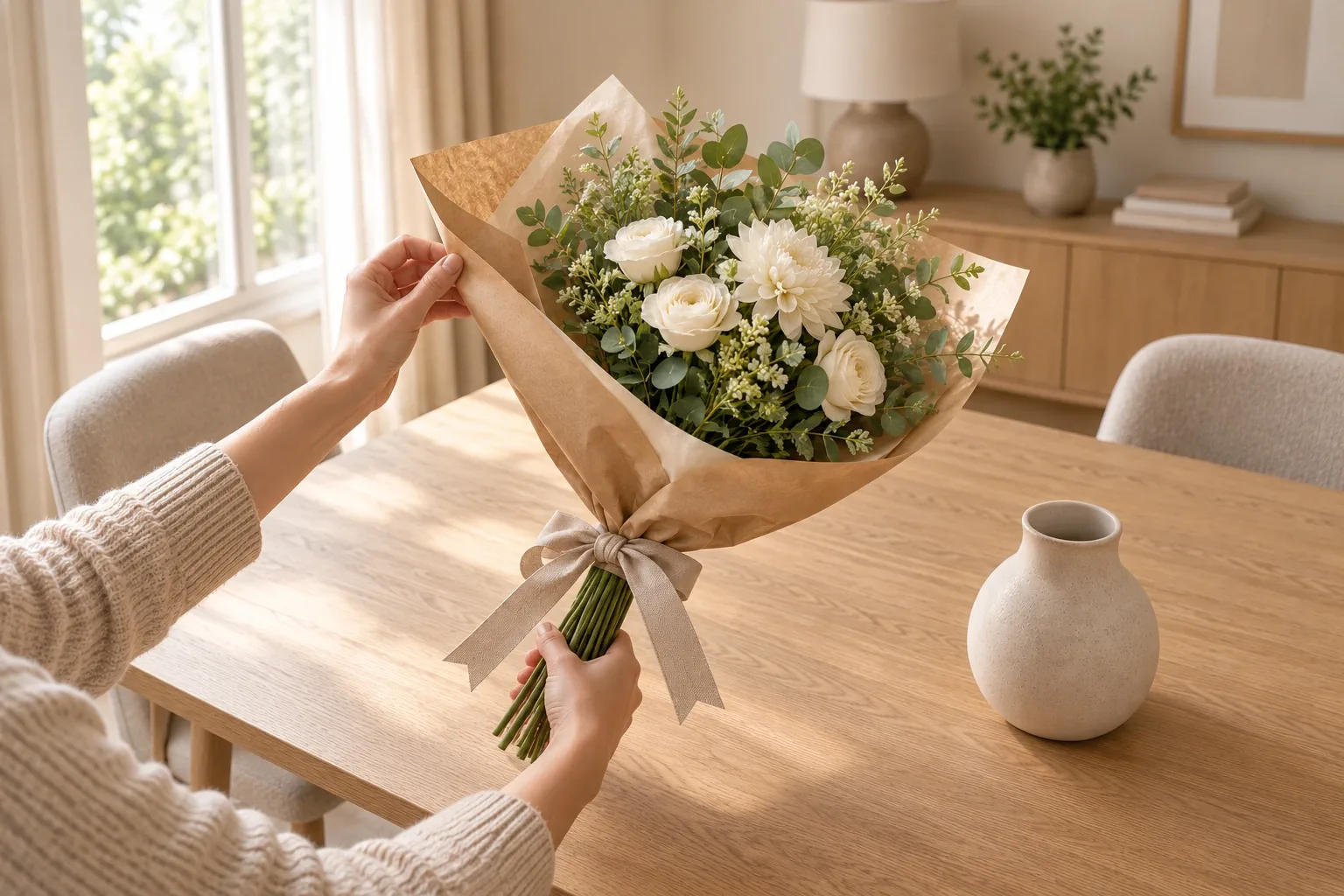 Mains ajustant un rabat kraft ample autour d’un bouquet artificiel ivoire, tenu par les tiges sous le ruban, avec un vase vide séparé.