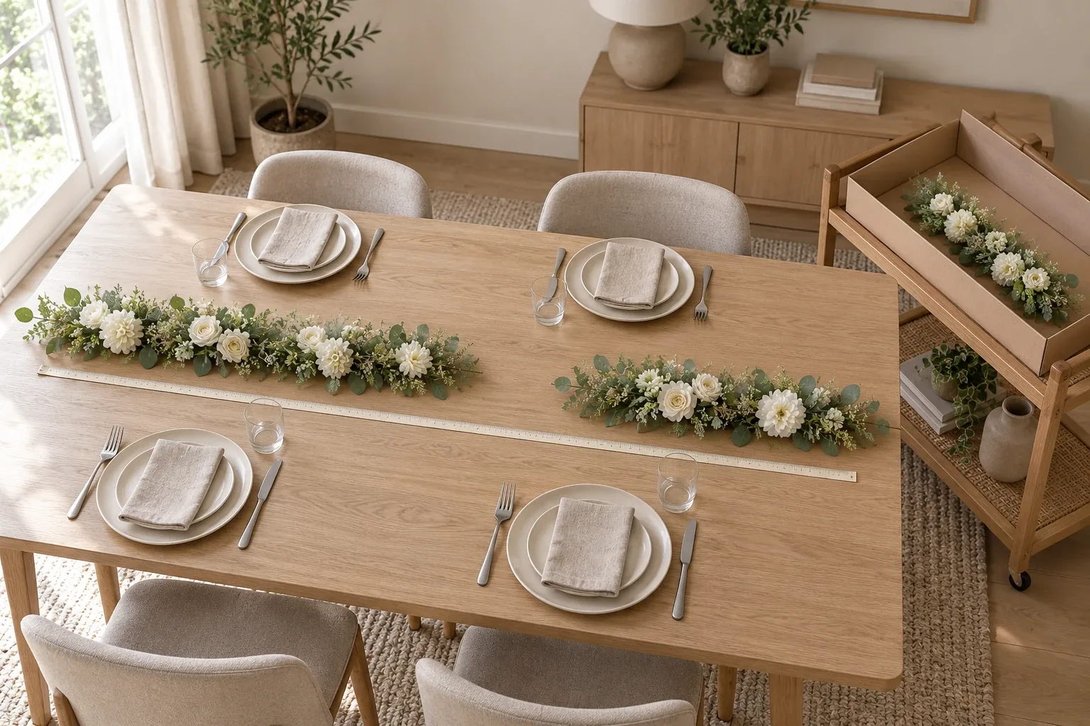 Guirlande de fleurs artificielles en segments sur une table dressée, avec ruban de mesure, espace de service et module rangé à plat dans une boîte.