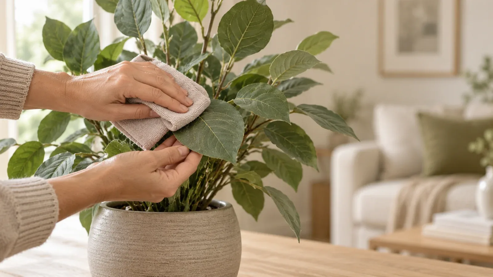Main dépoussiérant délicatement les feuilles d’une plante artificielle avec un chiffon doux.